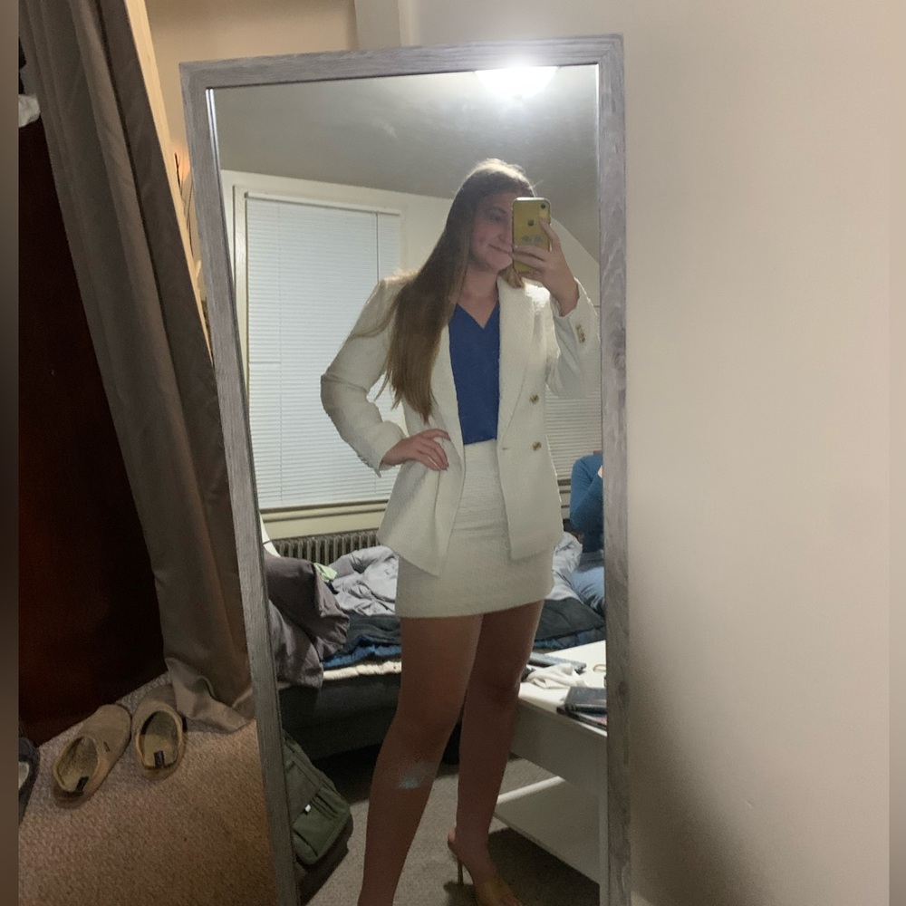 H&M White Skirt Suit Set with Blue Nine West Blouse